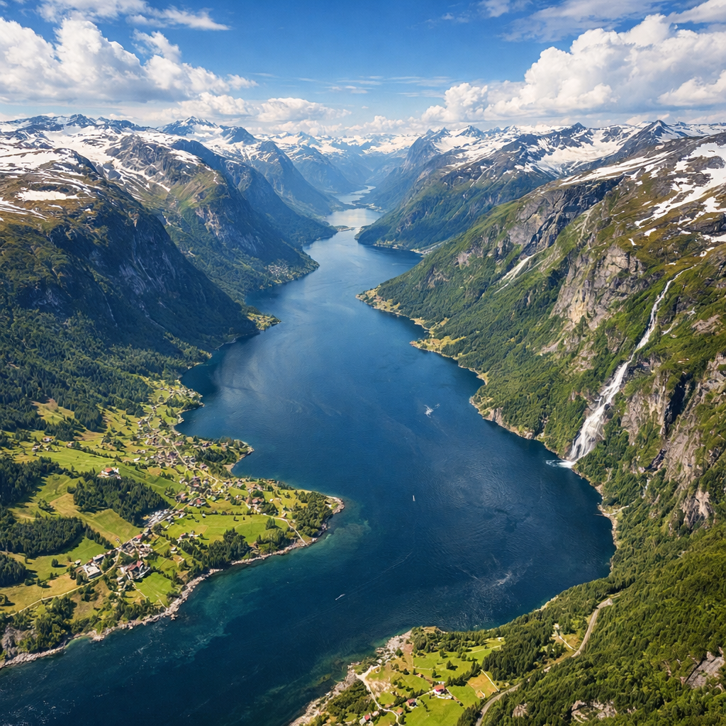 Deep blue fjord flanked by green valleys and snow-covered mountain peaks