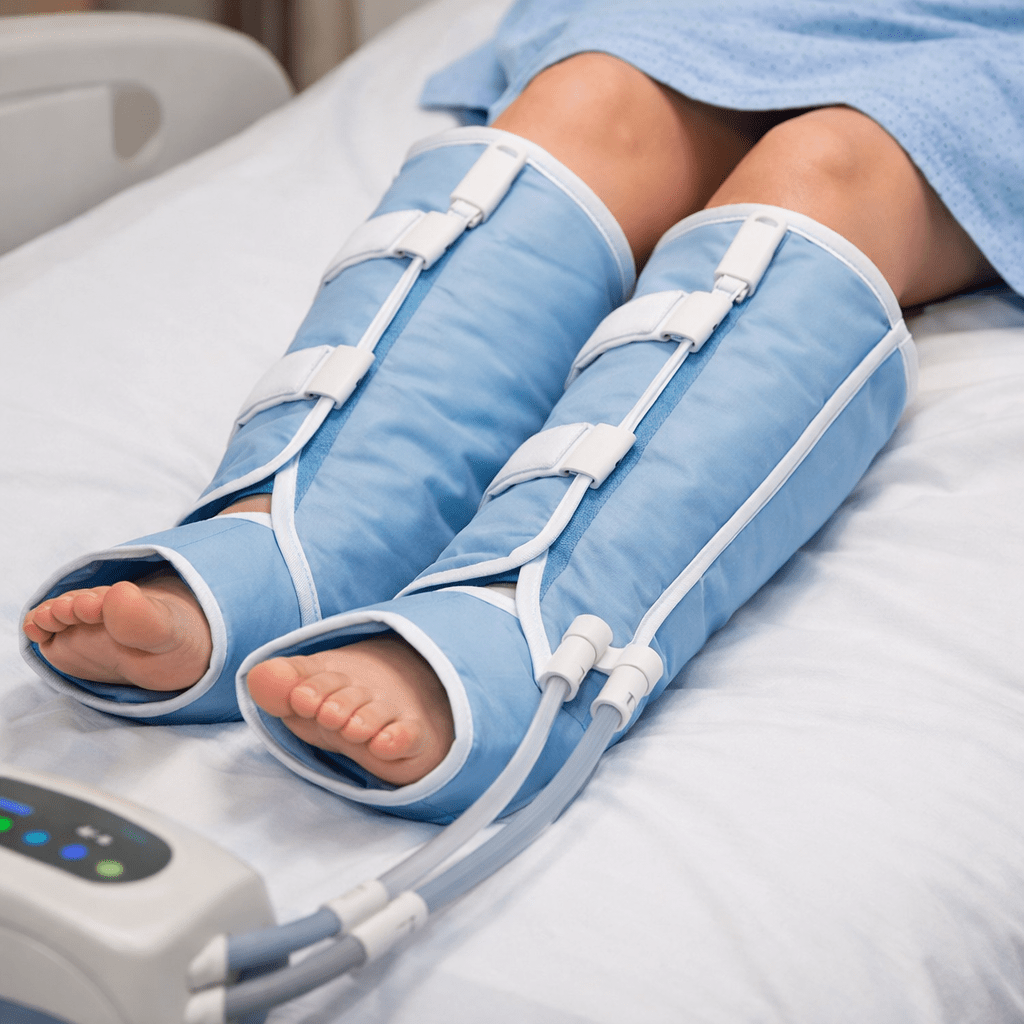 Legs in blue pneumatic compression sleeves connected to therapy machine