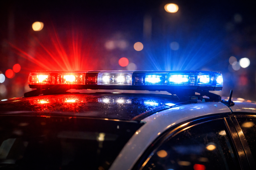 Flashing red and blue lights on top of a police car at night