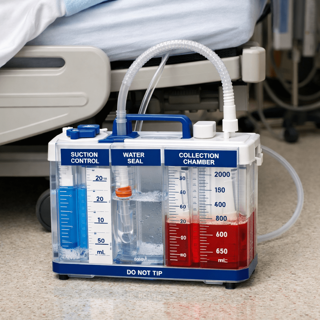 Medical suction device with labeled compartments for suction control, water seal, and fluid collection