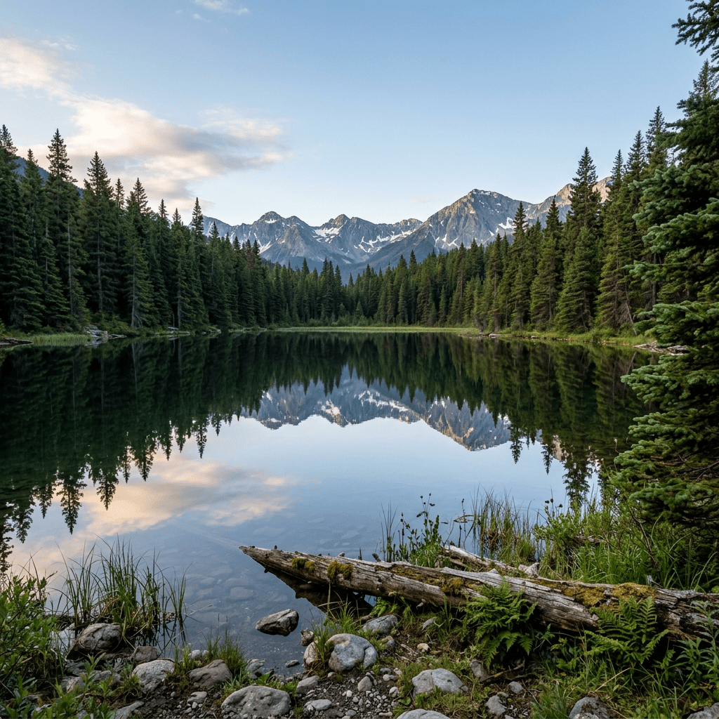 Calm lake surrounded by pine forest with mountain peaks reflected in the water
