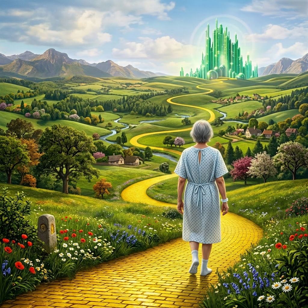 Four travelers walking on a winding yellow brick road toward a glowing green city in the distance