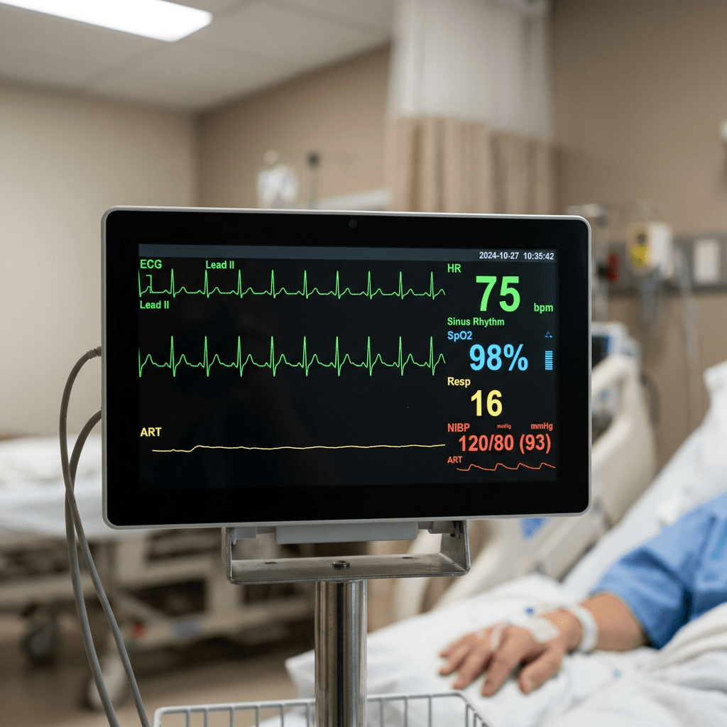 Medical monitor displaying heart rate, oxygen saturation, respiration rate, and blood pressure readings
