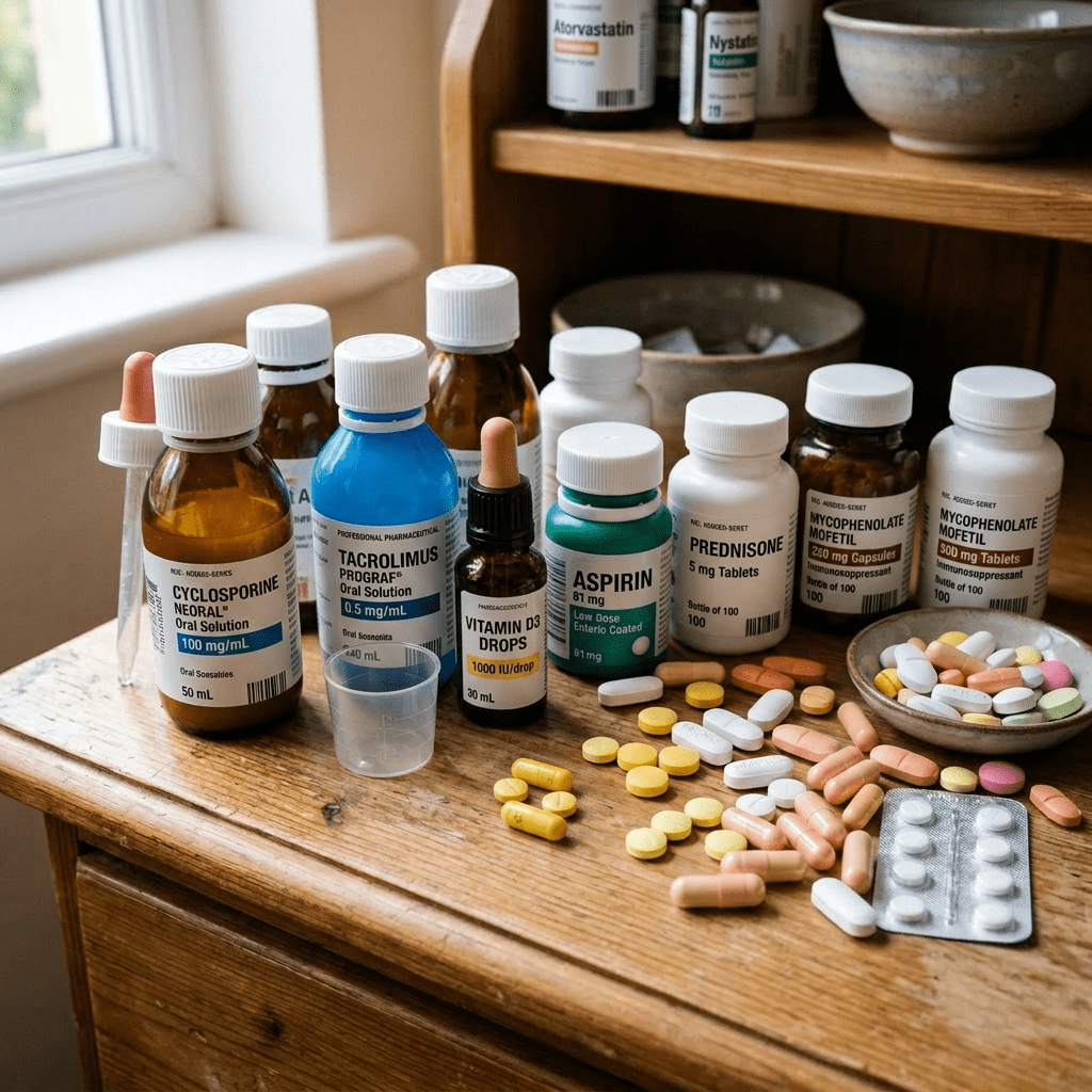 Bottles of amoxicillin, cough syrup, vitamin D3, aspirin, paracetamol, gabapentin and various pills and capsules scattered on a wooden table
