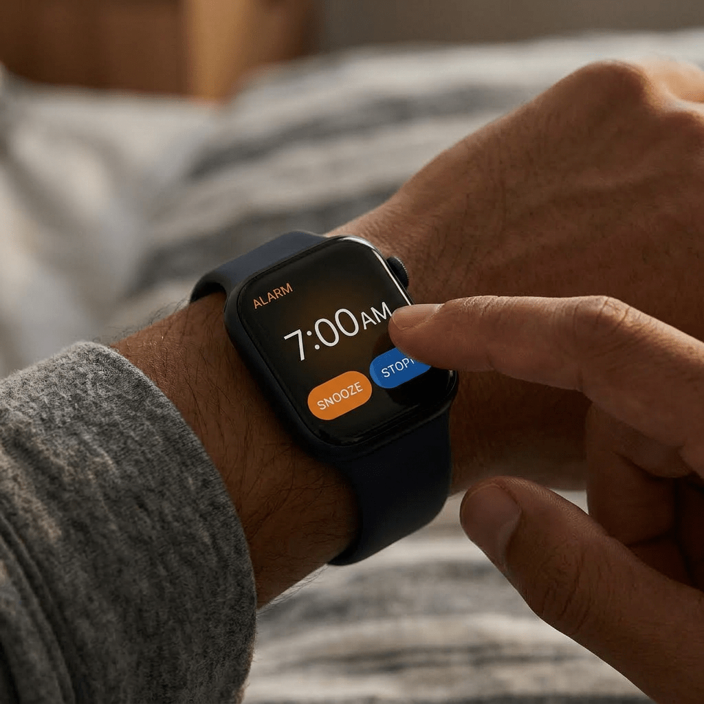 Person tapping stop button on 7:00 AM alarm on smartwatch while lying in bed