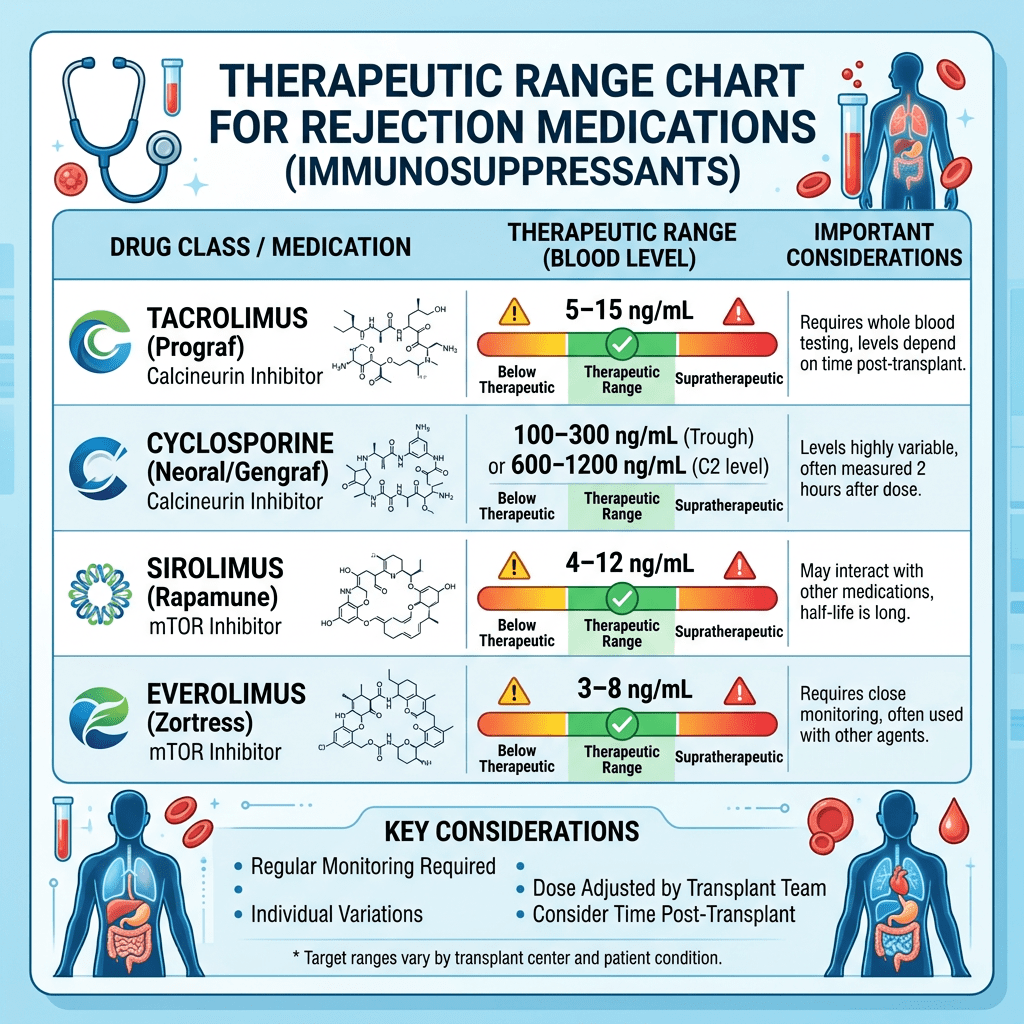 Therapeutic range chart for rejection medications including Tacrolimus, Cyclosporine, Sirolimus, and Everolimus with dosage ranges and considerations