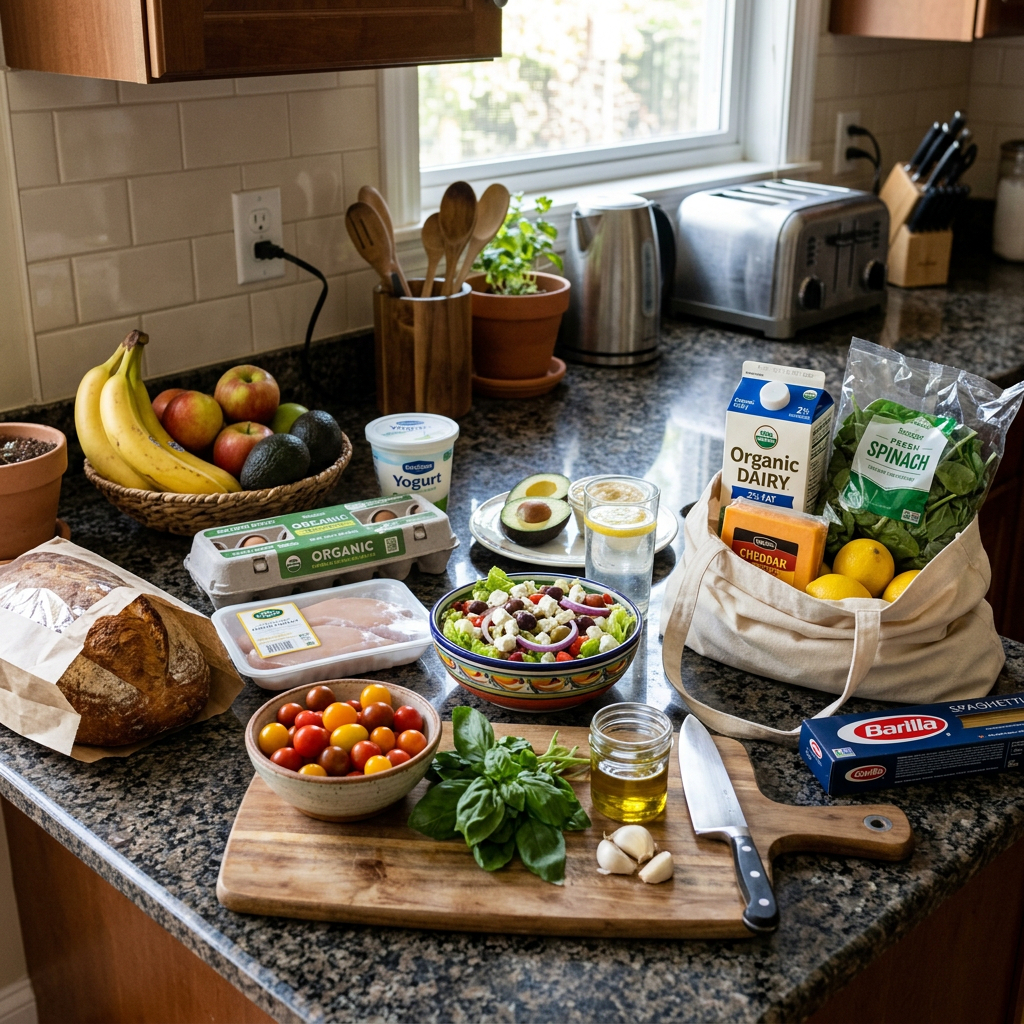 Organic fruits, vegetables, dairy, bread, pasta, and herbs on kitchen countertop