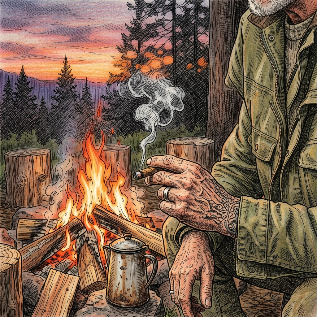 Man holding a lit cigar near a campfire at sunset outdoors