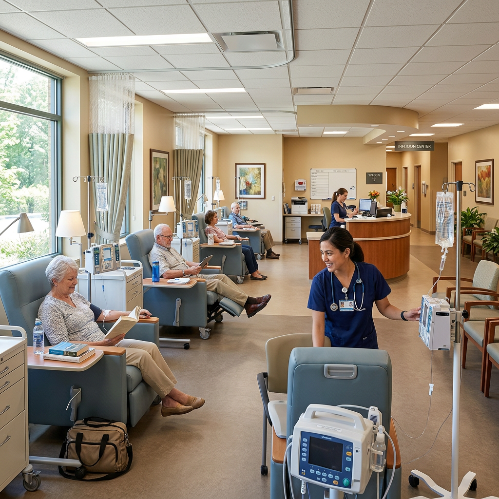 Patients seated in infusion chairs receiving IV therapy with a nurse assisting in a medical infusion room