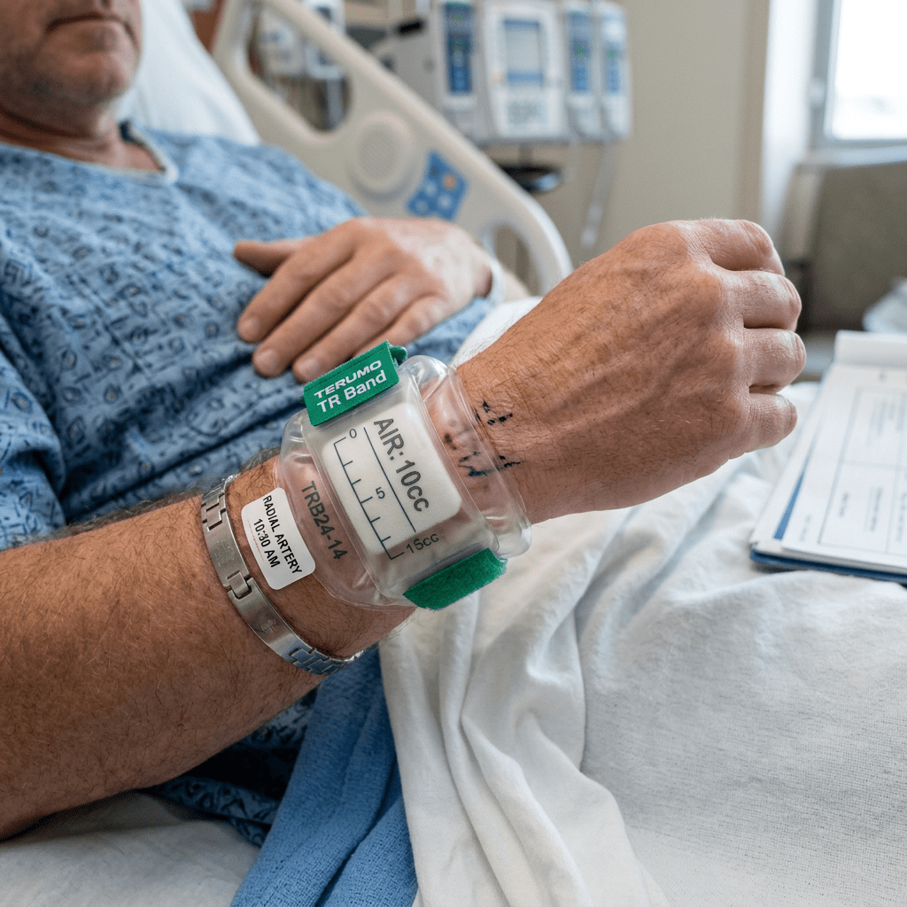 Patient wrist with Terumo TR Band device and handwritten marks preparing for radial artery procedure