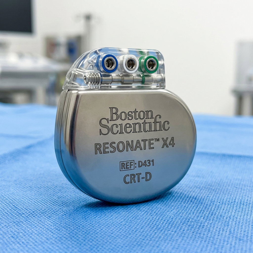 Boston Scientific Resonate X4 CRT-D cardiac device on blue medical drape