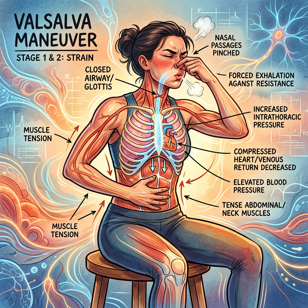 Diagram of a person performing the Valsalva Maneuver with labeled physiological effects like closed airway, increased pressure, and muscle tension