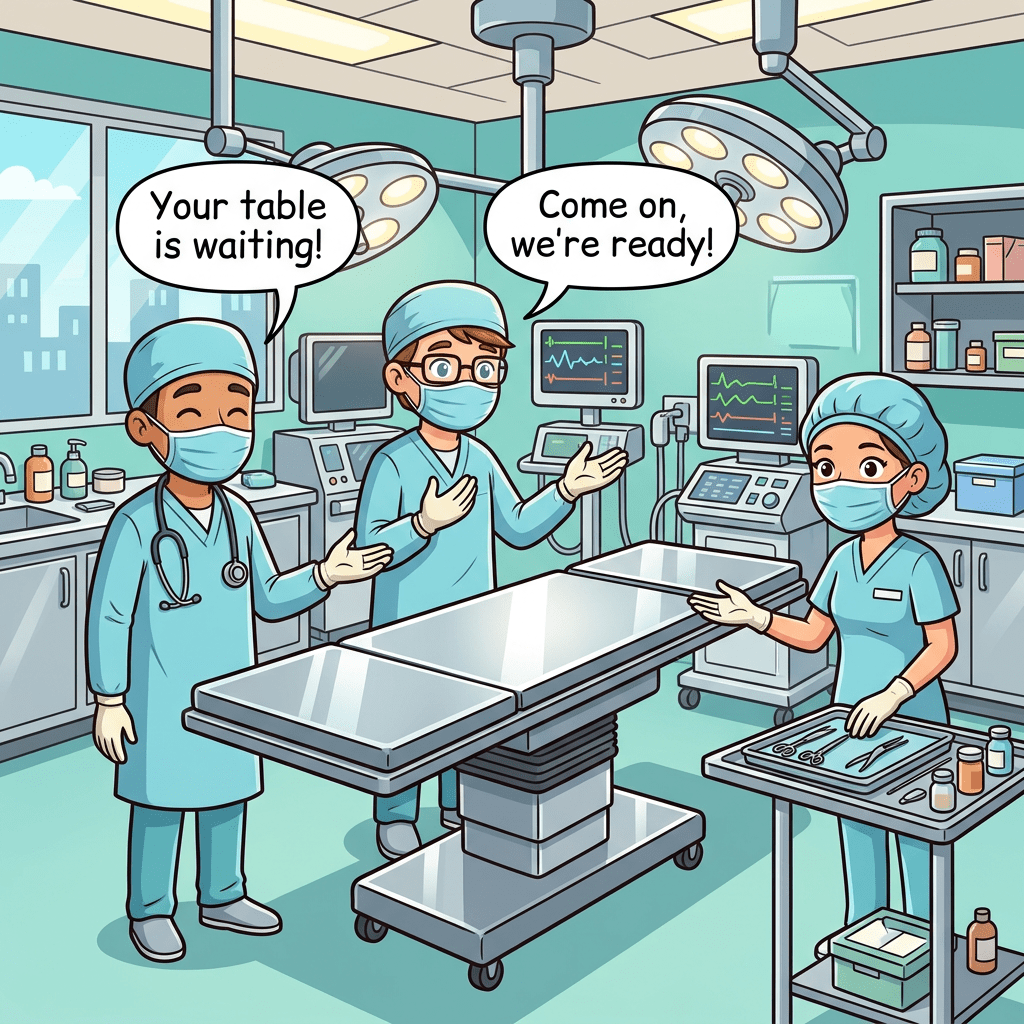 Three masked medical professionals in surgical scrubs preparing an operating room with equipment and instruments