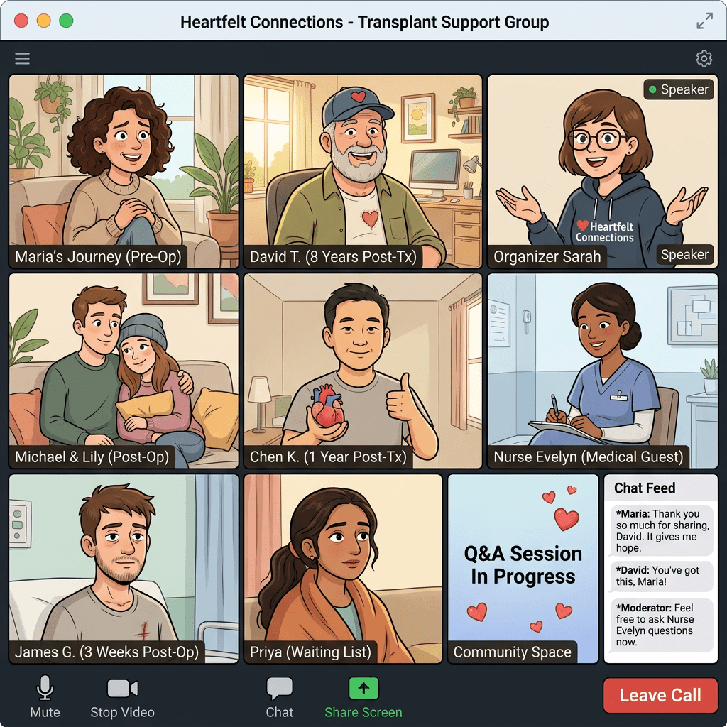 Nine people in a virtual transplant support group call sharing experiences and advice